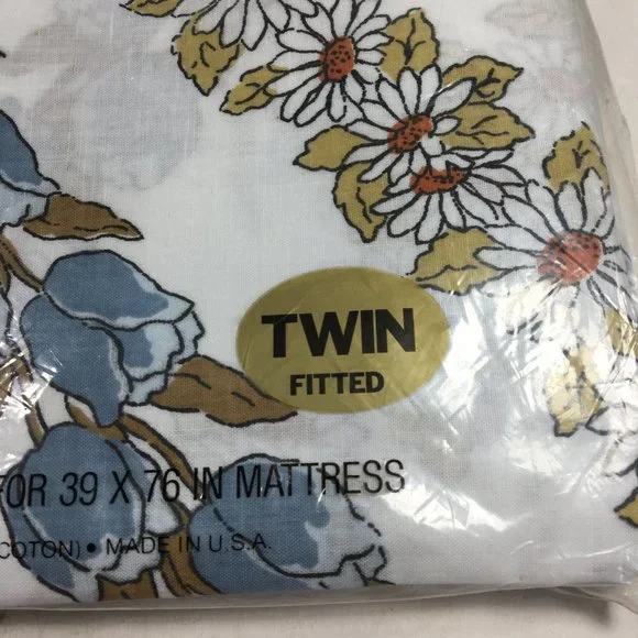 Vintage Edgemont Blue Brown Floral Twin Flat Fitted Sheet Set No Iron Muslin - Picture 2 of 6